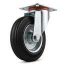 Pressed Steel Swivel Castors with Black Rubber on Pressed Steel Wheel - 80mm to 200mm