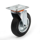 Pressed Steel Swivel Castors with Black Rubber on Pressed Steel Wheel - 80mm to 200mm