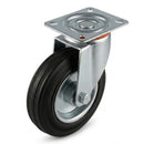 Pressed Steel Swivel Castors with Black Rubber on Pressed Steel Wheel - 80mm to 200mm