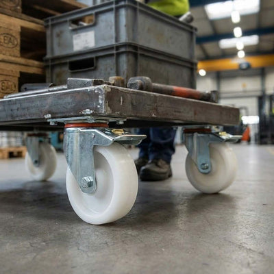 Pressed Steel Swivel Castors with Brake & White Nylon Wheels - 80mm-200mm, 120kg-230kg Load