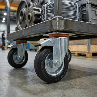 Pressed Steel Swivel Castors with Brake and Black Rubber on Pressed Steel Wheel - 80mm-200mm