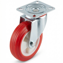 Pressed Steel Swivel Castors with Red Thermoplastic on White Nylon Wheel - 80mm-150mm