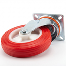 Pressed Steel Swivel Castors with Red Thermoplastic on White Nylon Wheel - 80mm-150mm