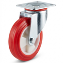 Pressed Steel Swivel Castors with Red Thermoplastic on White Nylon Wheel - 80mm-150mm