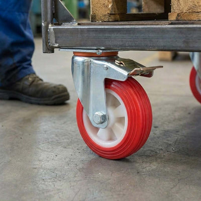 Swivel Castors with Brake and Red Thermoplastic on White Nylon Wheel - 80mm-150mm