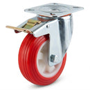 Swivel Castors with Brake and Red Thermoplastic on White Nylon Wheel - 80mm-150mm
