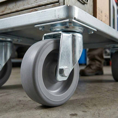 100mm Zinc Plated Swivel Retail Castor Wheel - Grey Rubber, 4-Hole Top Plate - 80kg Load Capacity