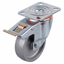 White Smoke 80mm Pressed Steel Swivel Castor with Brake - Grey Cast Iron Wheel & 4-Hole Plate - 120kg Max Load