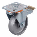 White Smoke 80mm Pressed Steel Swivel Castor with Brake - Grey Cast Iron Wheel & 4-Hole Plate - 120kg Max Load