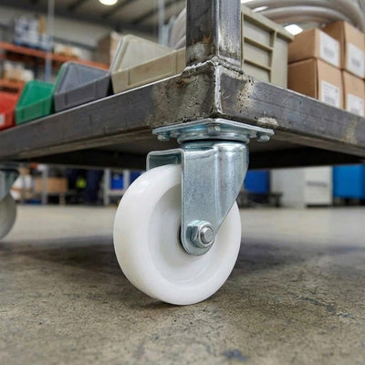 50mm Pressed Steel Swivel Castor Wheel - White Nylon & 4-Hole Top Plate - 50kg Load Capacity