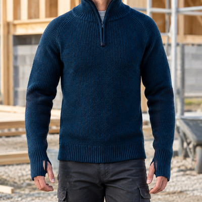 Half-Zip Wool Work Sweater with Reinforced Elbows - Navy