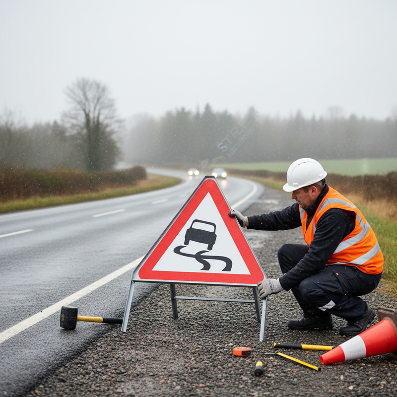 Light Gray Slippery Road Surface Triangle Metal Sign - 750mm Size