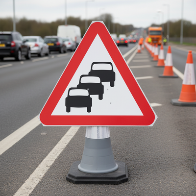 Traffic Queues Likely Road Ahead 750mm Triangle Cone Sign - Heavy Duty