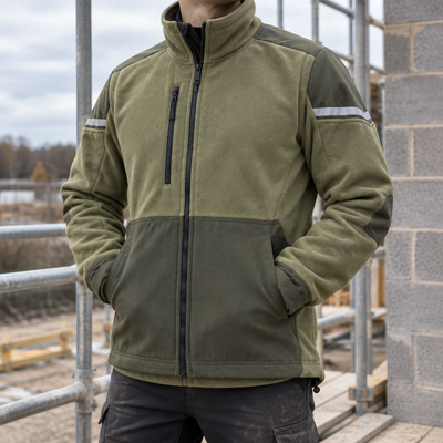 Windproof Fleece Work Jacket with Reinforced Panels - Khaki Green