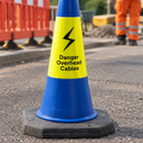 Blue 750mm Cable Hazard Warning Cone with 'Danger Overhead Cables' (view 2)
