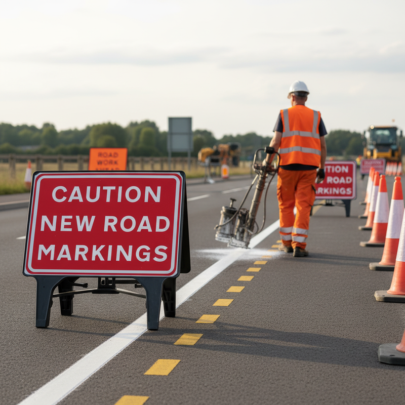 Dim Gray Caution New Road Markings Sign - Heavy Duty Safety Indicator 1050x750mm