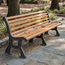 Cast steel street bench with oak seat and backrest