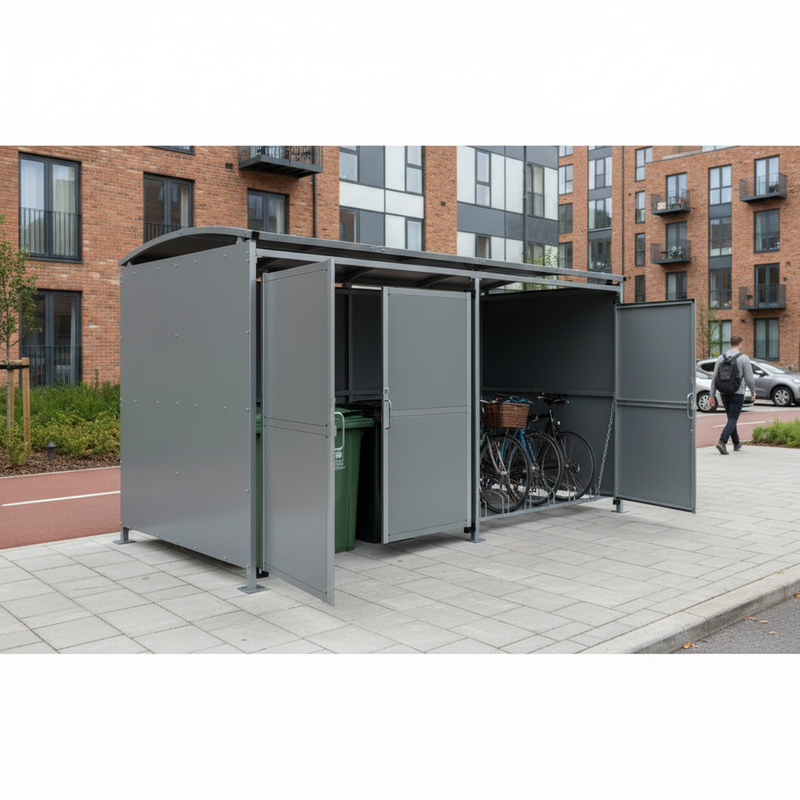 Dim Gray Heavy Duty Bin and Cycle Shelter with Clad Doors 1m - 5m