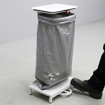 Free standing steel sack holder with foot pedal operation