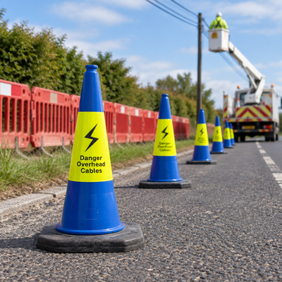 Blue 750mm Cable Hazard Warning Cone with 'Danger Overhead Cables'