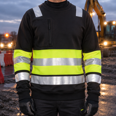 Class 1 Black/Hi-Vis Yellow Visibility Crew Sweatshirt with Zip Pocket