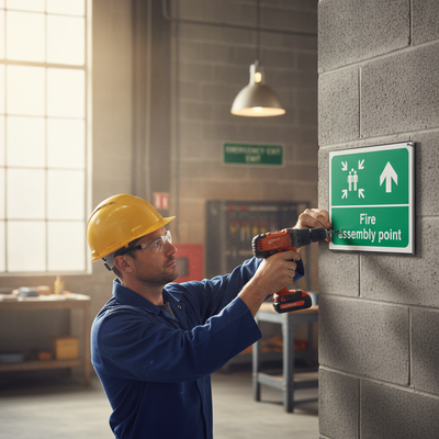 Premium Fire Assembly Point Up Arrow Sign for Safety Guidance