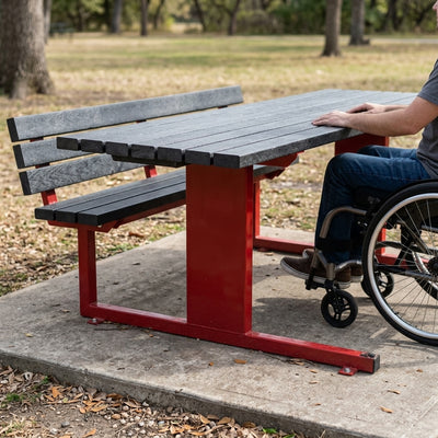 Wheelchair-accessible picnic table, recycled plastic boards, steel frame