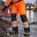 Waterproof Hi-Vis Shell Trousers, Reinforced Knees - Orange/Black