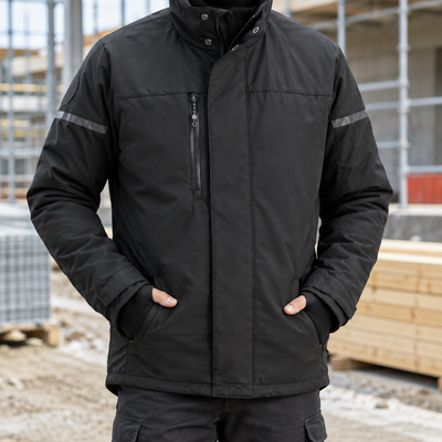 Insulated Jacket with Fleece Collar and Multiple Pockets - Black/Black