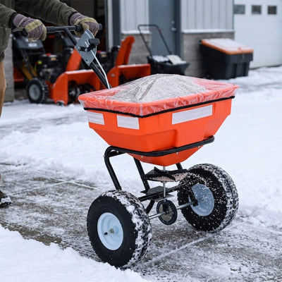 57kg capacity salt spreader with raincover and reflective strips