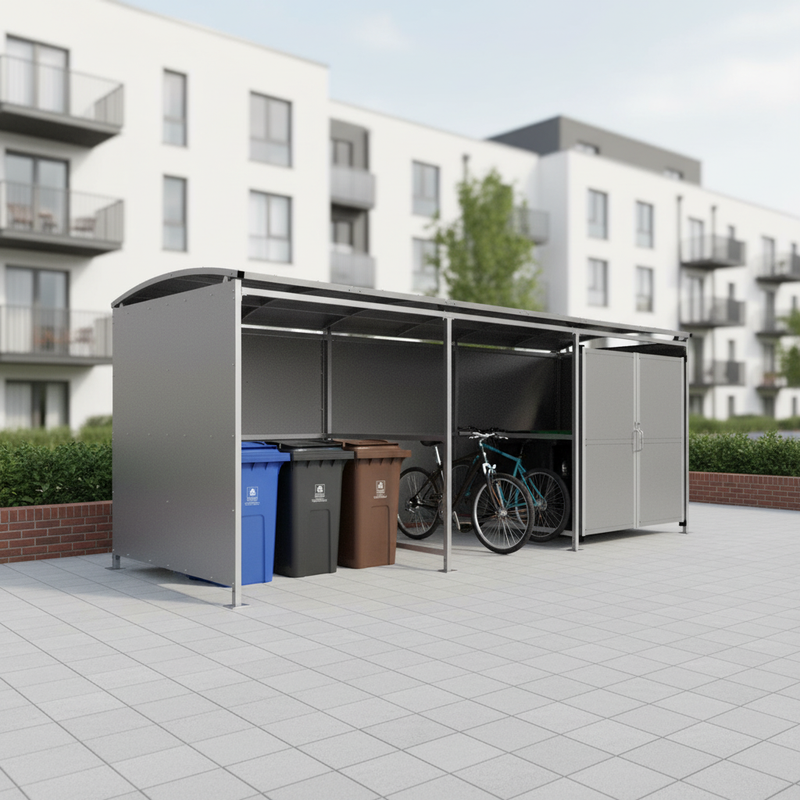 Light Gray Heavy Duty Bin and Cycle Shelter with Clad Doors 1m - 5m