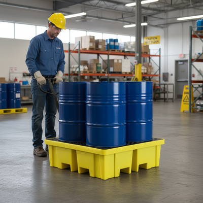 Heavy Duty 4 Drum Spill Pallet with 4-Way Forklift Entry