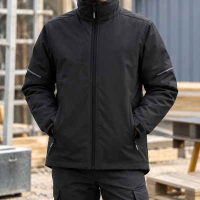 Windproof Fleece Lined Work Jacket with Padded Sleeves - Black