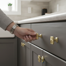 Premium 10 Pack Ribbed Square Knobs 35mm Brushed Brass Finish for Cabinets and Drawers