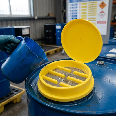 Polyethylene 205L Drum Funnel with Hinged Lid & Stainless Steel Filter