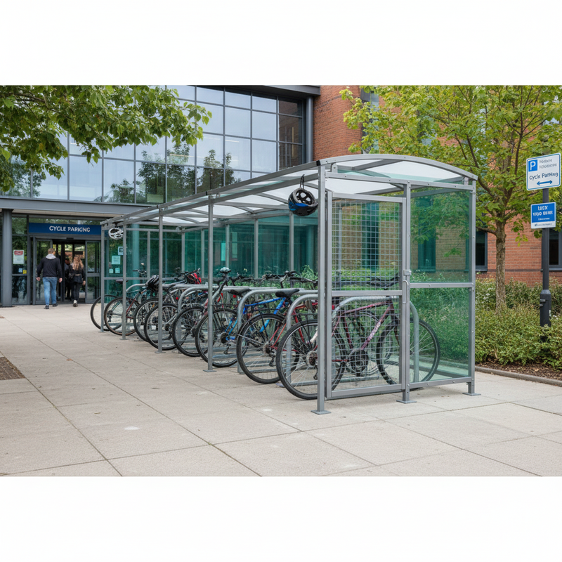 Dark Olive Green Premium Cycle Shelter with Clear PETG Cladding & Mesh Doors - Extension Bays
