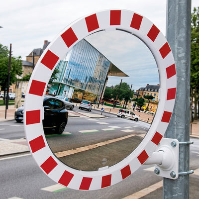 900mm diameter convex traffic mirror Polymir red white frame