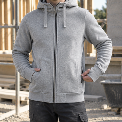 Heavyweight Full Zip Hoodie with Thumb Holes - Grey Melange