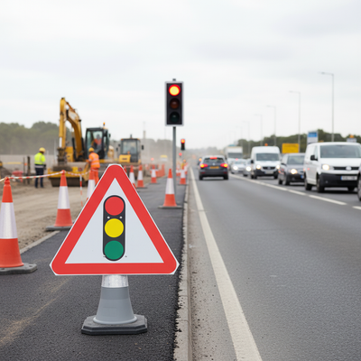 Heavy Duty Traffic Lights Ahead Triangle Cone Sign - 750mm