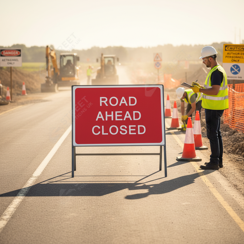 Tan Premium Road Ahead Closed Metal Sign - 1050mm x 750mm