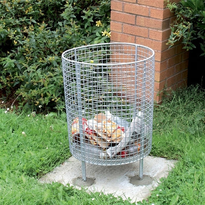 Circular wire basket litter bin with ground fixing legs