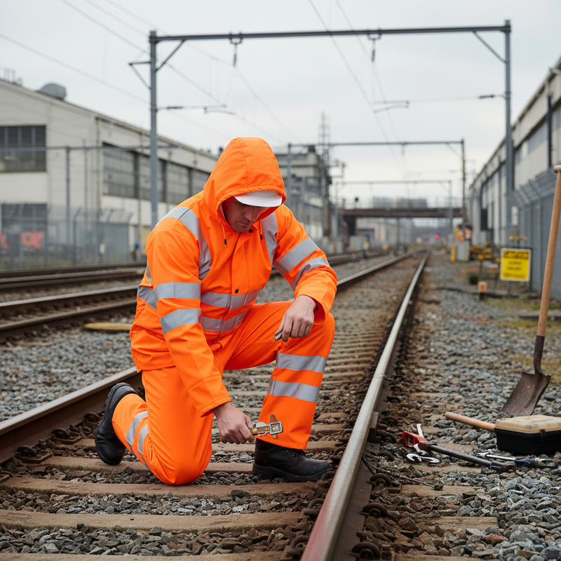 Slate Gray High-Performance Breathable Hi-Vis Orange Overalls for Rail Use