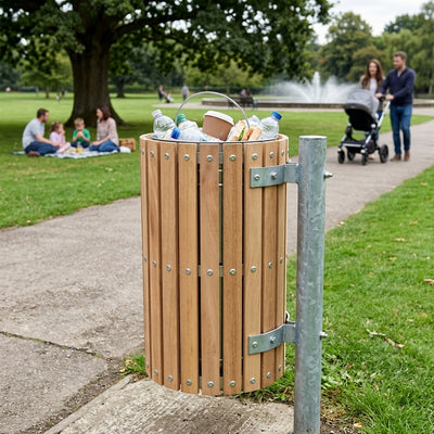 Circular Slatted Litter Bin – 56 Litre Hardwood