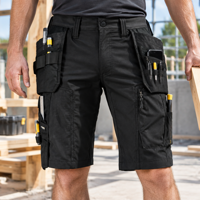 Black Flexible Work Shorts with Multi-Compartment Holster Pockets