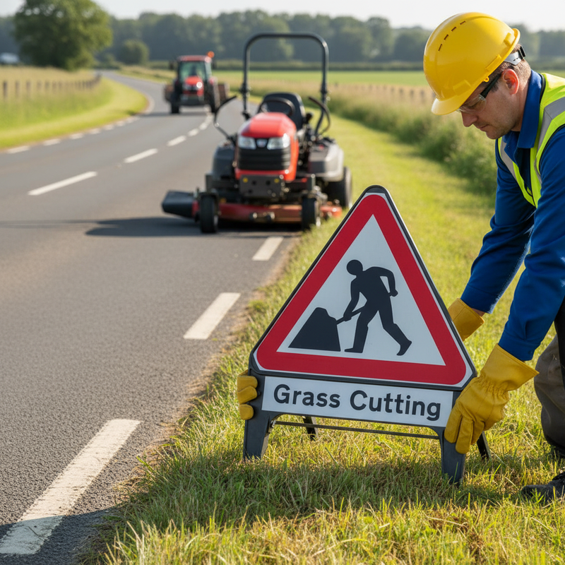 Dark Khaki Premium Men At Work Grass Cutting Supplementary Plate 750mm Q-Sign