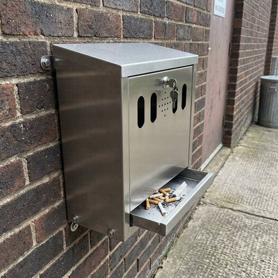 Wall-mounted stainless steel cigarette bin with lockable tray