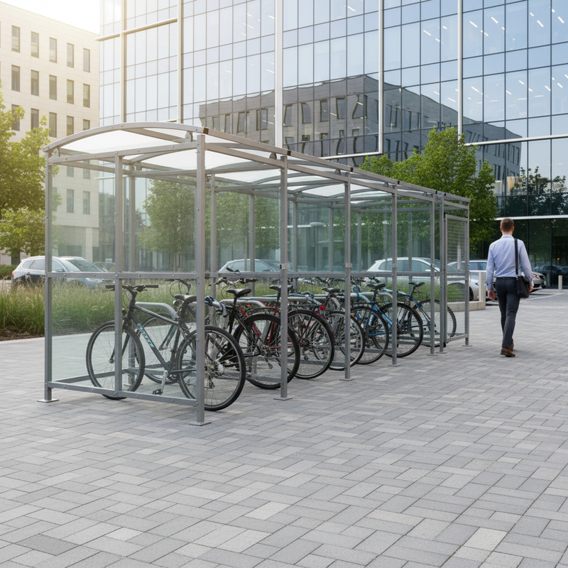 Gray Premium Cycle Shelter with Clear PETG Cladding & Mesh Doors - Extension Bays