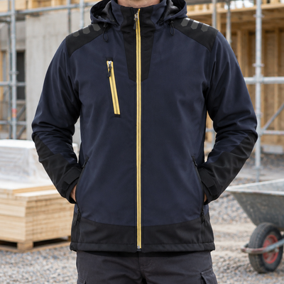 Softshell Work Jacket with Adjustable Hood - Dark Navy/Yellow