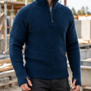 Half-Zip Wool Work Sweater with Reinforced Elbows - Navy