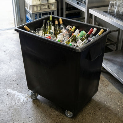 150 litre wheeled bottle bin, black recycled polyethylene